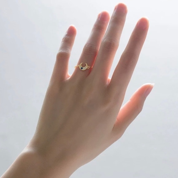 Lunar Crescent Moon Charm Blue Crystal CZ Adjustable Chain Ring Gold S925 Silver - Picture 6 of 7